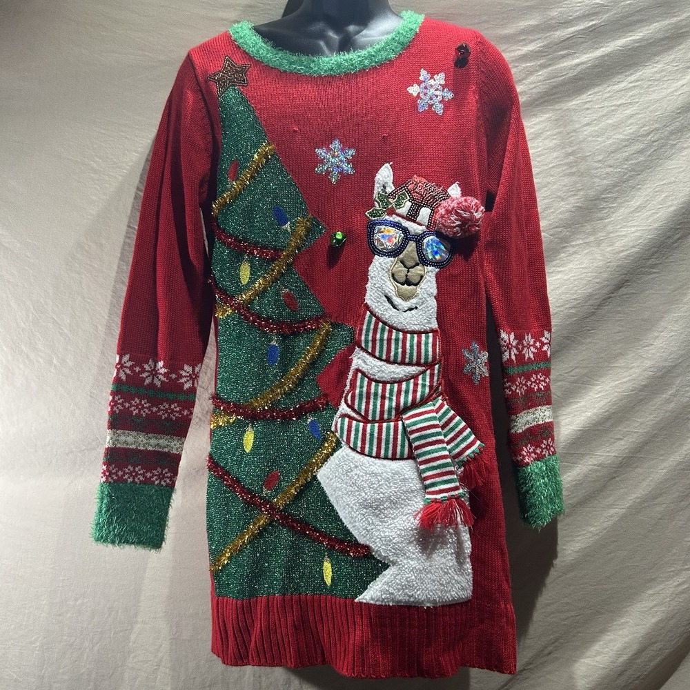 33 Degrees Ugly Christmas Sweater Tunic Womens M Llama 3D Holiday Red Dress